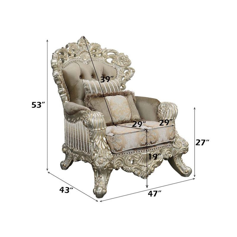 Sorina Chair w/2 Pillows, Velvet, Fabric & Antique Gold Finish Acme