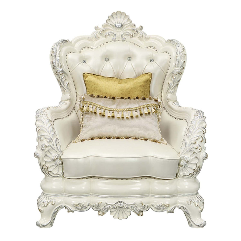 Adara Chair w/2 Pillows, Pearl White Faux Leather & Antique White Finish Acme