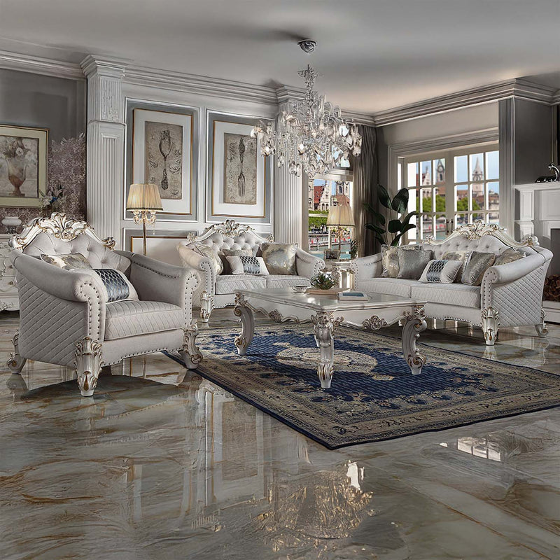 Vendome II Chair w/2 Pillows, Two Tone Ivory Fabric & Antique Pearl Finish Acme