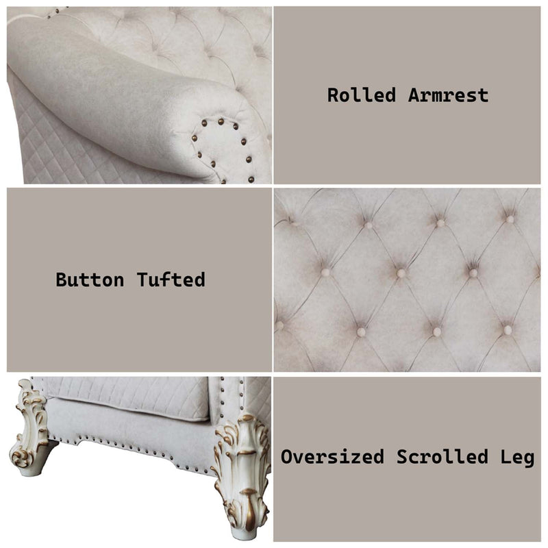 Vendome II Chair w/2 Pillows, Two Tone Ivory Fabric & Antique Pearl Finish Acme