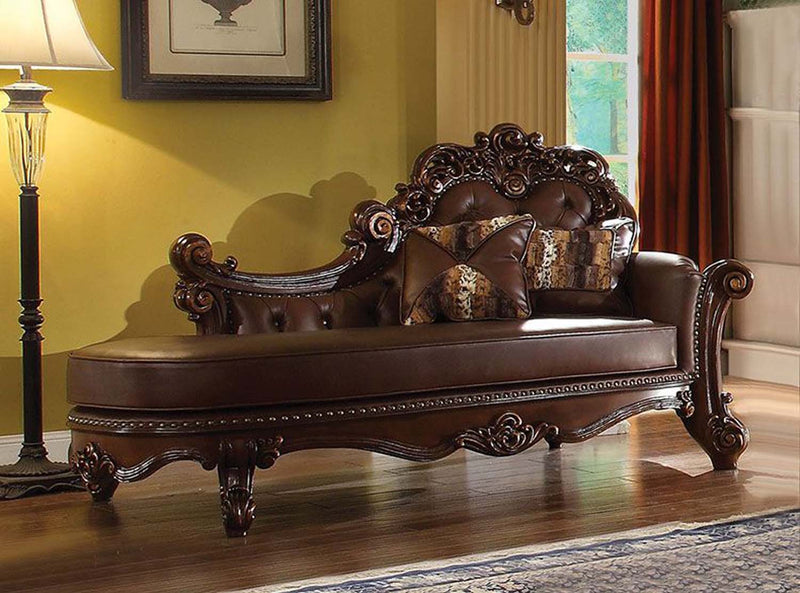 Vendome Chaise w/2 Pillows, Cherry Faux Leather & Cherry Finish Acme