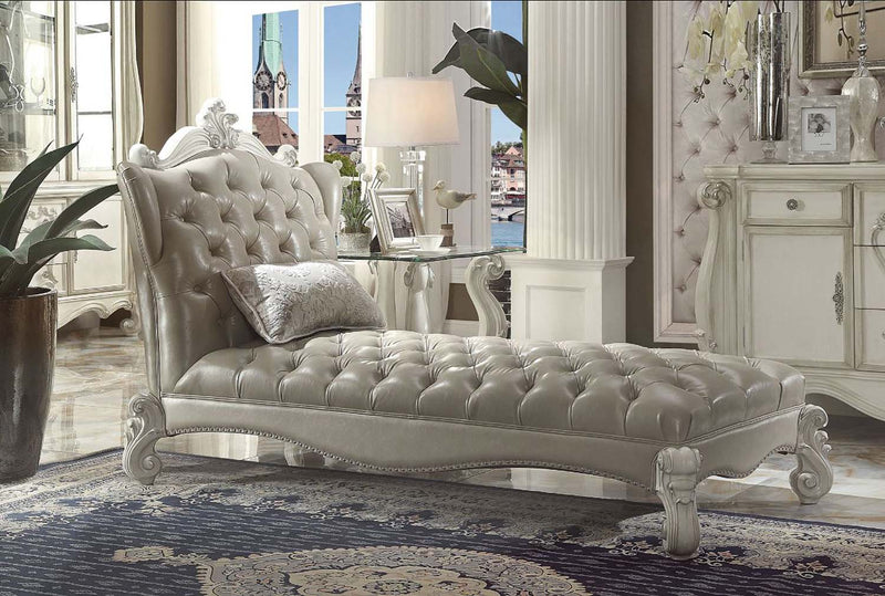 Versailles Chaise w/Pillow, Vintage Gray Faux Leather & Bone White Finish Acme