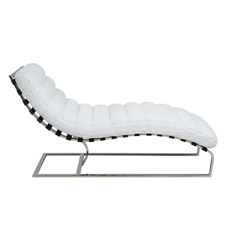 Qortini Chaise, White Teddy Sherpa & Stainless Steel Acme
