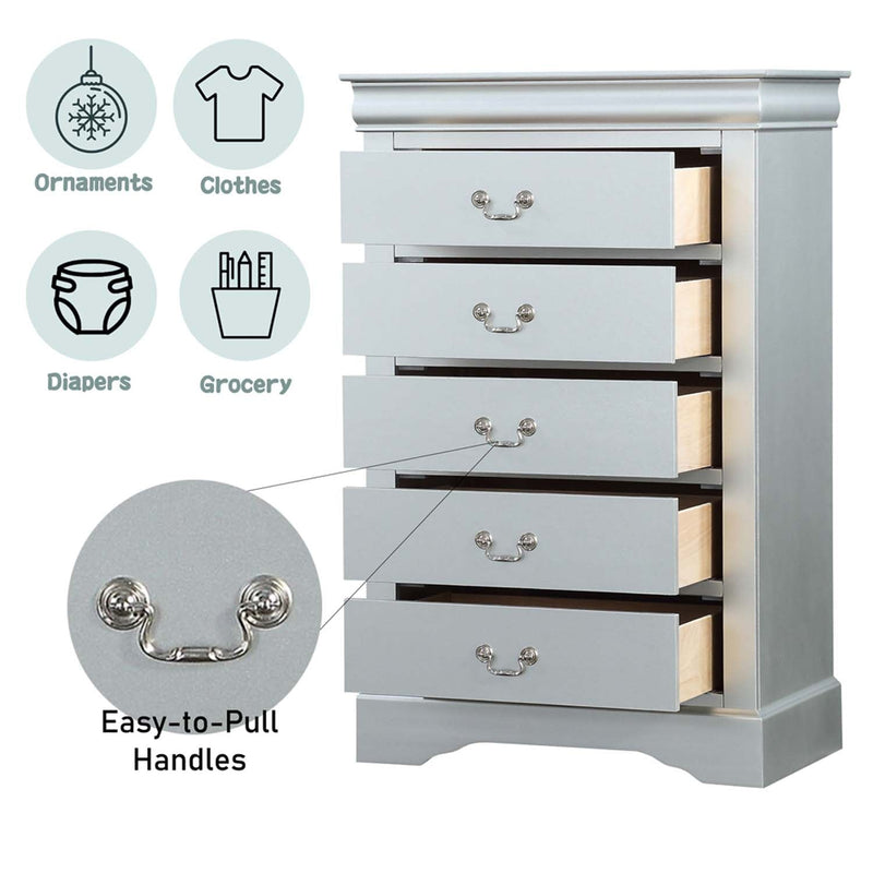 Louis Philippe 5 Storage Drawers Chest, Platinum Finish Acme