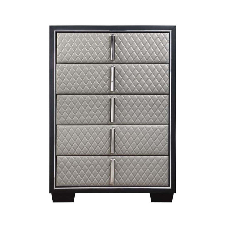 Nicola 5 Storage Drawers Chest, Silver Faux Leather & Black Finish Acme