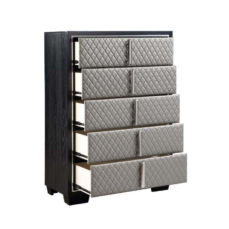 Nicola 5 Storage Drawers Chest, Silver Faux Leather & Black Finish Acme