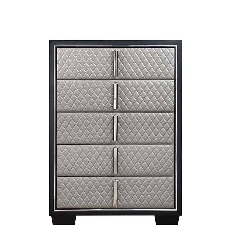 Nicola 5 Storage Drawers Chest, Silver Faux Leather & Black Finish Acme