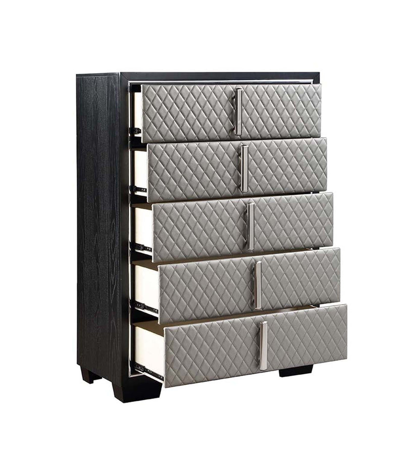 Nicola 5 Storage Drawers Chest, Silver Faux Leather & Black Finish Acme