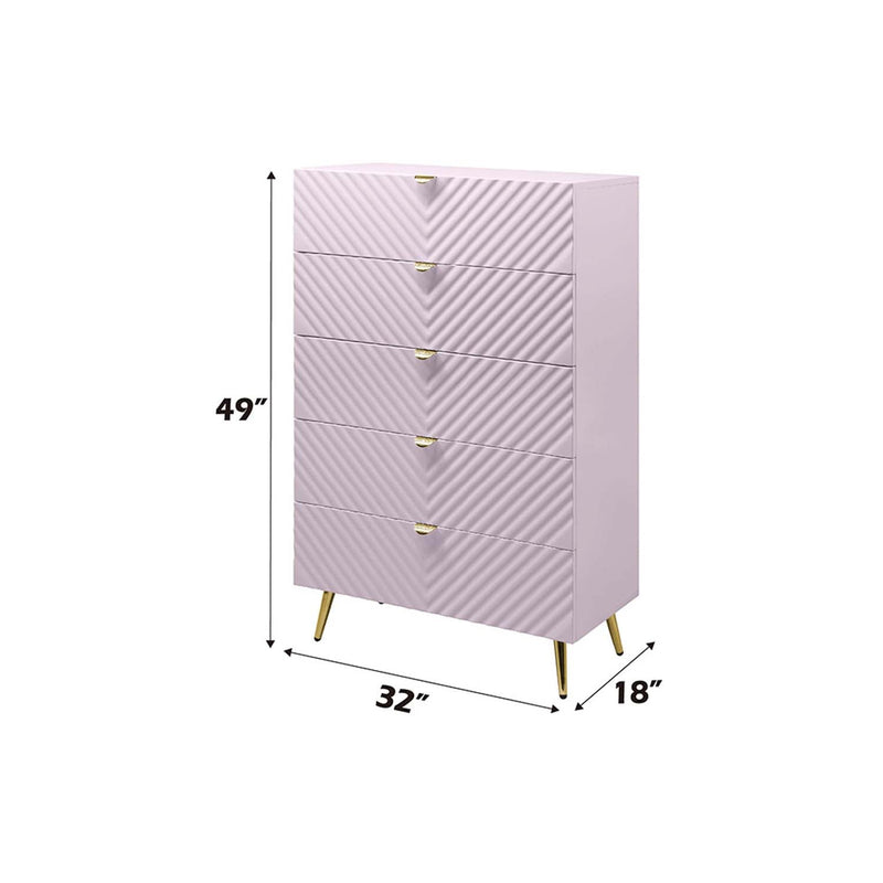 Gaines 5 Storage Drawers Chest, Pink High Gloss Finish Acme