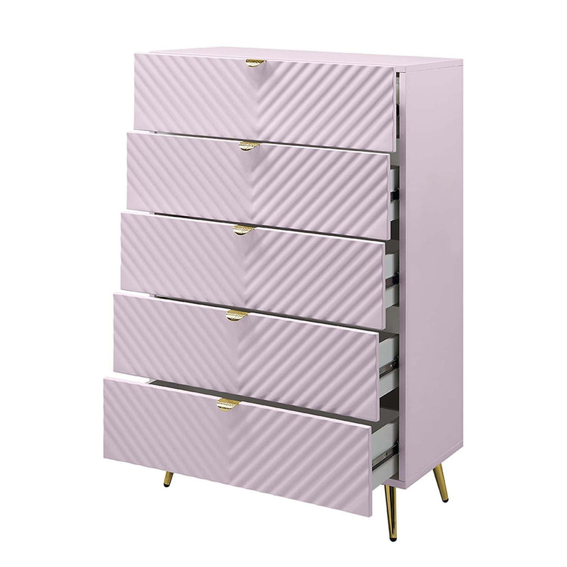 Gaines 5 Storage Drawers Chest, Pink High Gloss Finish Acme