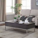 Iban Rectangular Coffee Table w/Lift Top, Gray Oak & Chrome Finish Acme