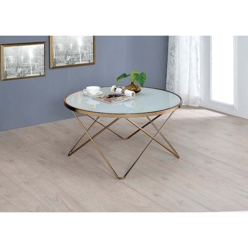 Valora Round Table (NO Storage) , Frosted Glass Top & Champagne Finish Acme