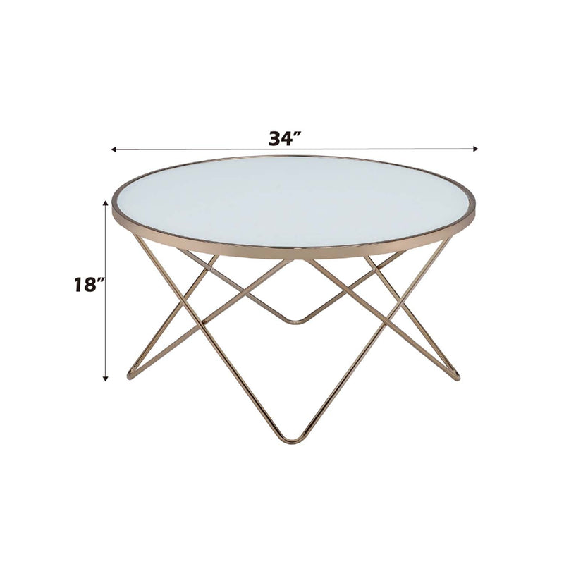 Valora Round Table (NO Storage) , Frosted Glass Top & Champagne Finish Acme