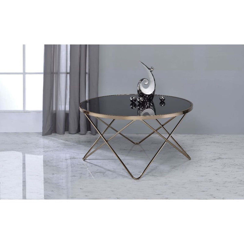 Valora Round Table (NO Storage) , Black Glass & Champagne Finish Acme