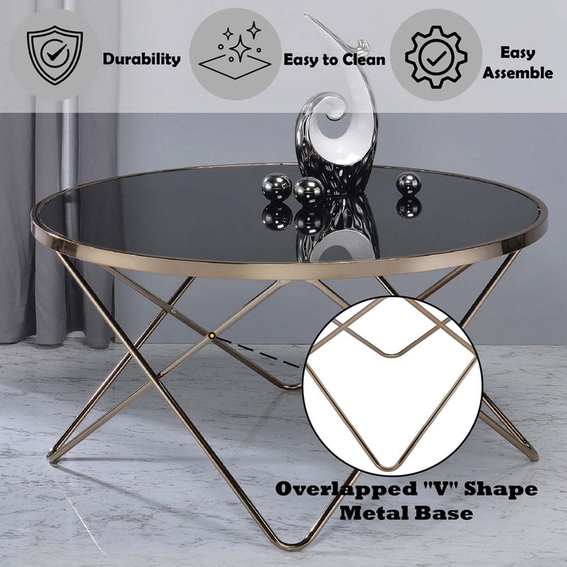 Valora Round Table (NO Storage) , Black Glass & Champagne Finish Acme