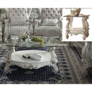 Versailles Oval Coffee Table w/Curved Glass Top , Bone White Finish Acme