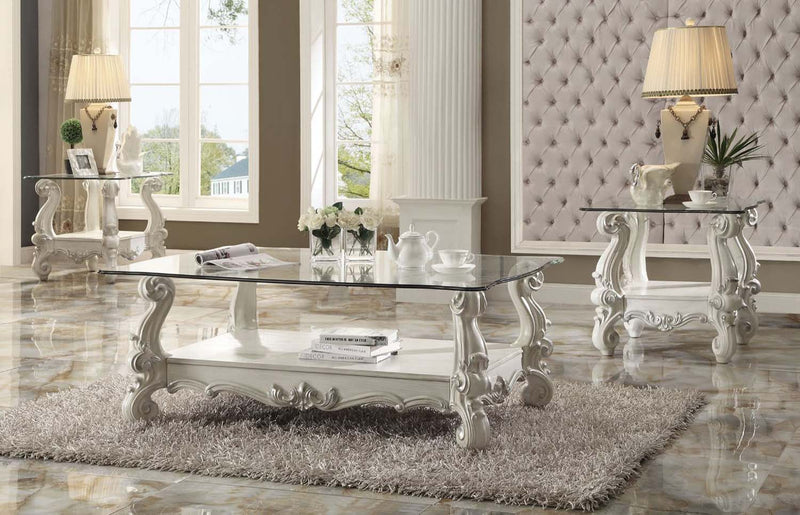 Versailles Rectangular Coffee Table w/Glass Top , Bone White Finish Acme