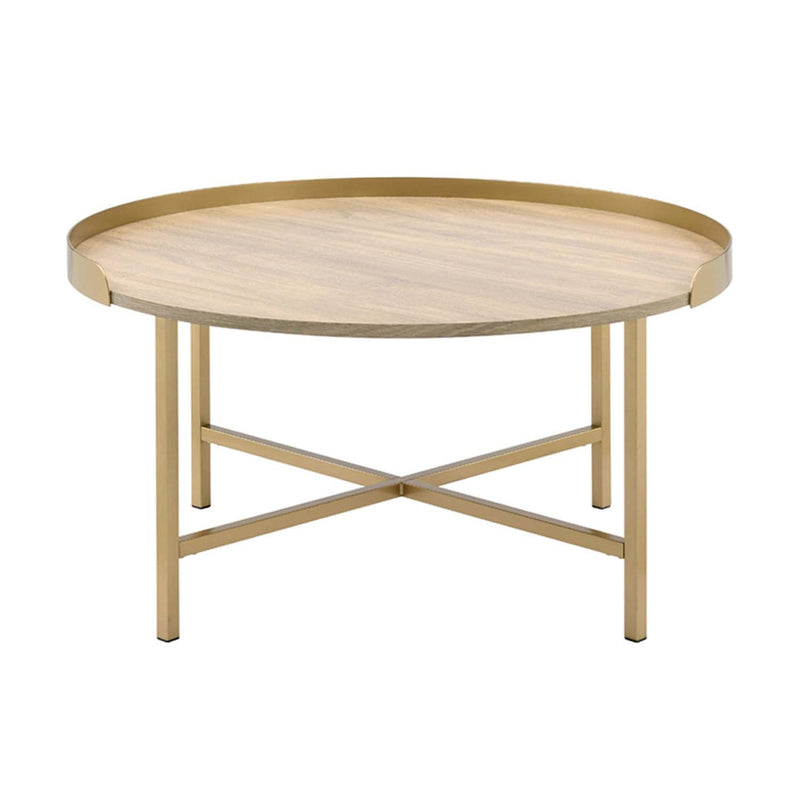 Mithea Round Table Top , Oak & Gold Finish Acme