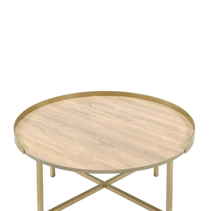 Mithea Round Table Top , Oak & Gold Finish Acme