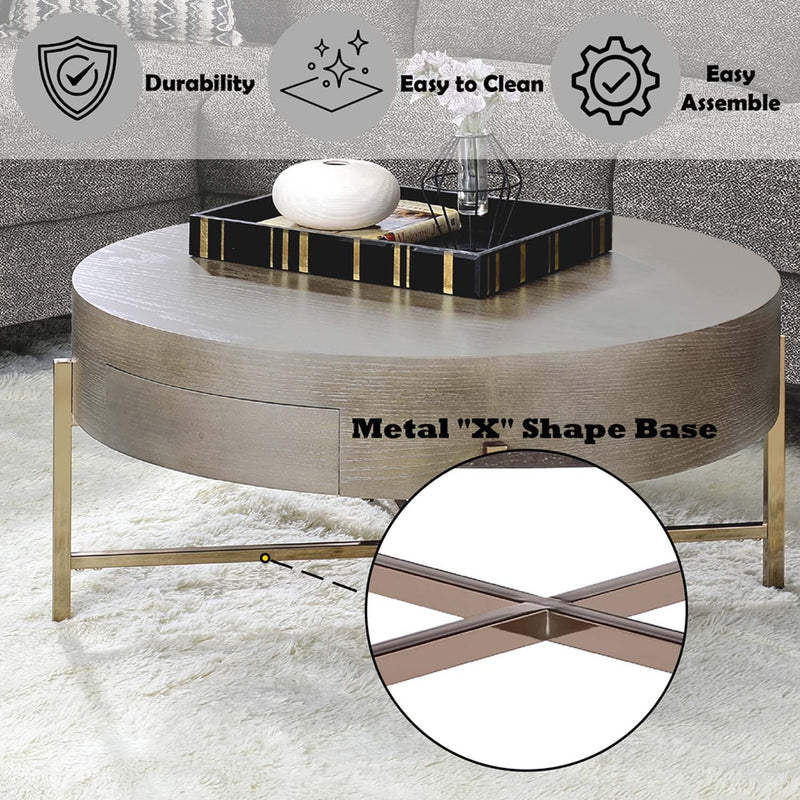 Weyton Drum Coffee Table , Light Brown & Champagne Finish Acme