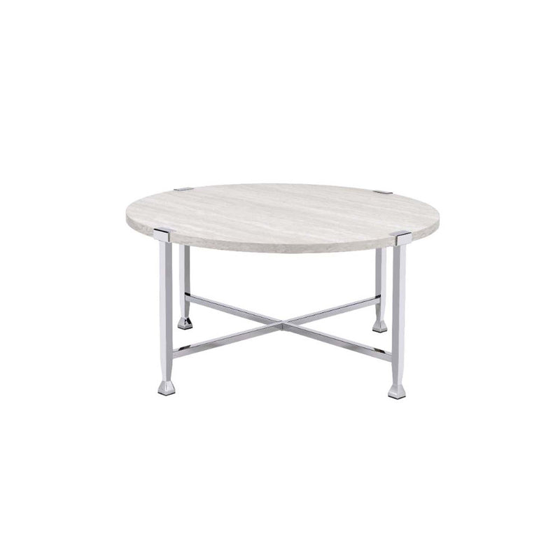 Brecon Round Coffee Table , White Oak & Chrome Finish Acme