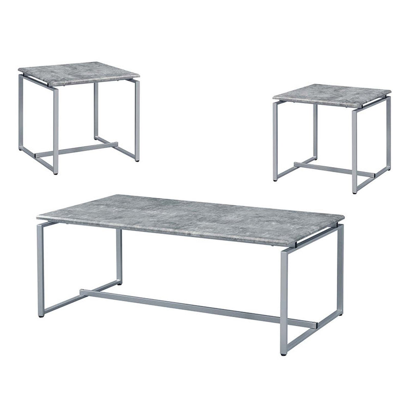 Jurgen 3Pc Coffee & End Table Set , Faux Concrete Top & Silver Finish Acme