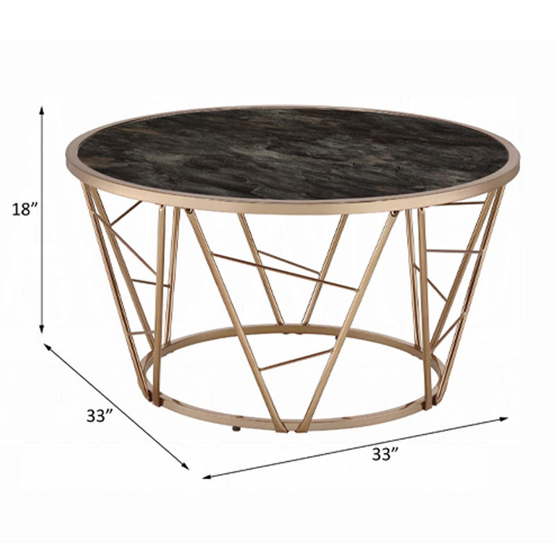 Cicatrix Round Coffee Table , Engineering Stone Glass Top & Champagne Finish Acme