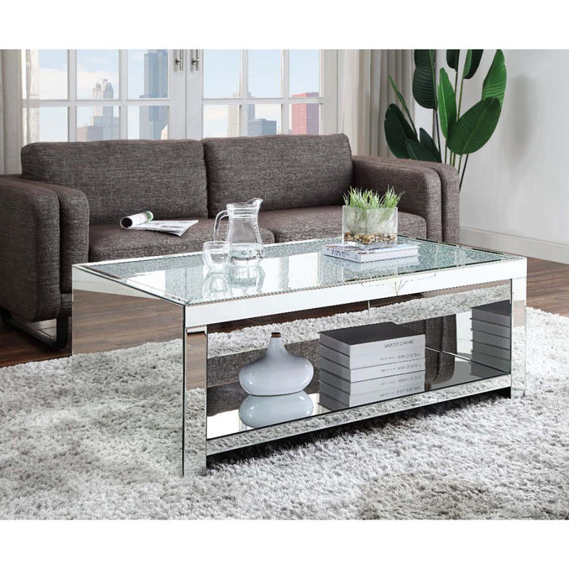 Noralie Rectangular Coffee Table , Clear Glass, Mirrored & Faux Diamonds Acme