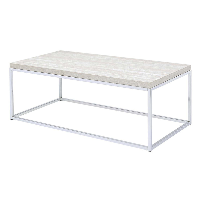 Snyder Rectangular Sled Coffee Table , Engineered Stone Top & Chrome Finish Acme