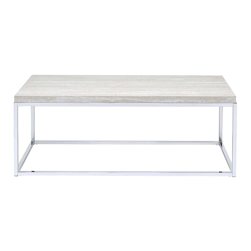 Snyder Rectangular Sled Coffee Table , Engineered Stone Top & Chrome Finish Acme