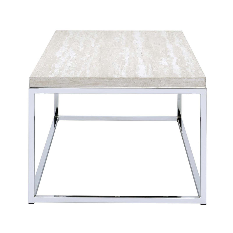 Snyder Rectangular Sled Coffee Table , Engineered Stone Top & Chrome Finish Acme