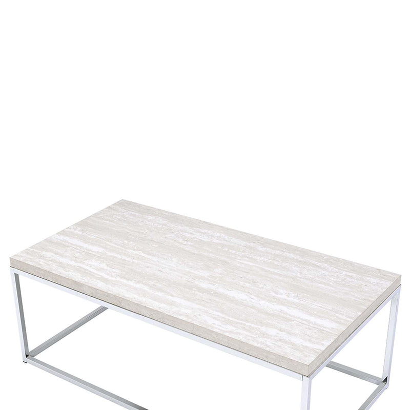 Snyder Rectangular Sled Coffee Table , Engineered Stone Top & Chrome Finish Acme