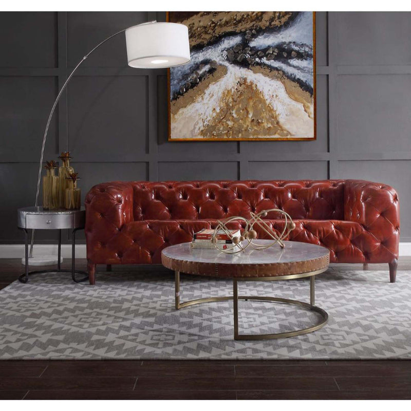 Tamas Drum Coffee Table , Aluminum & Cocoa Top Grain Leather Acme
