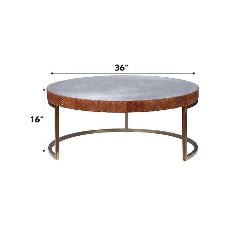 Tamas Drum Coffee Table , Aluminum & Cocoa Top Grain Leather Acme