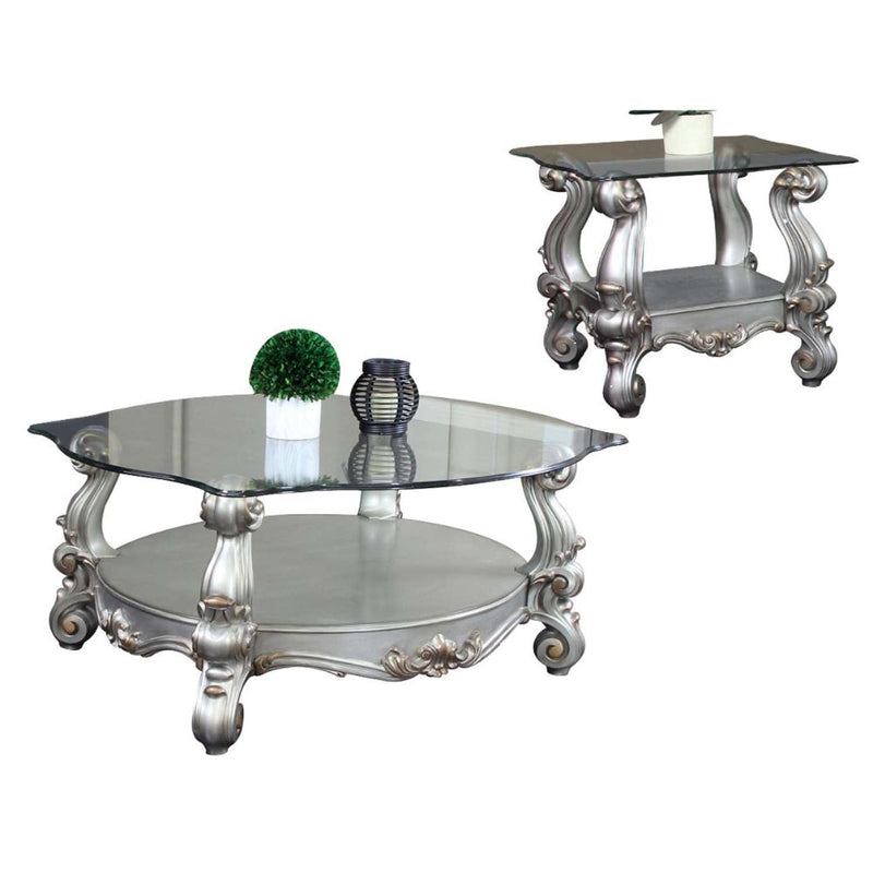 Versailles Coffee Table w/Curved Glass Top , Antique Platinum Finish Acme
