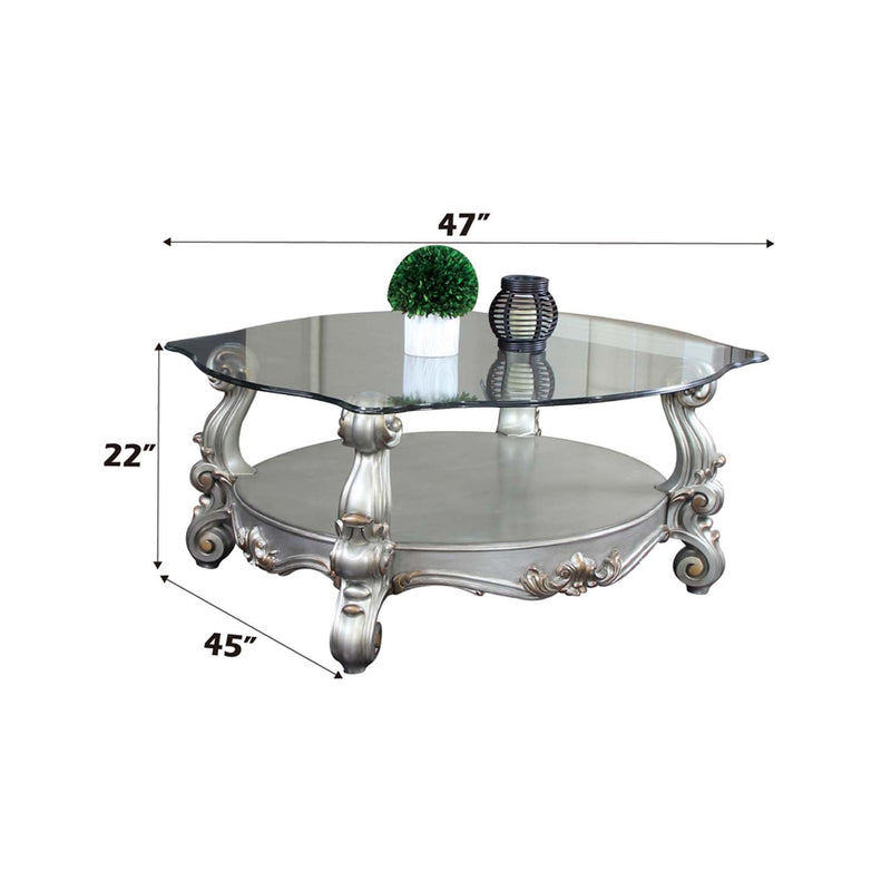 Versailles Coffee Table w/Curved Glass Top , Antique Platinum Finish Acme
