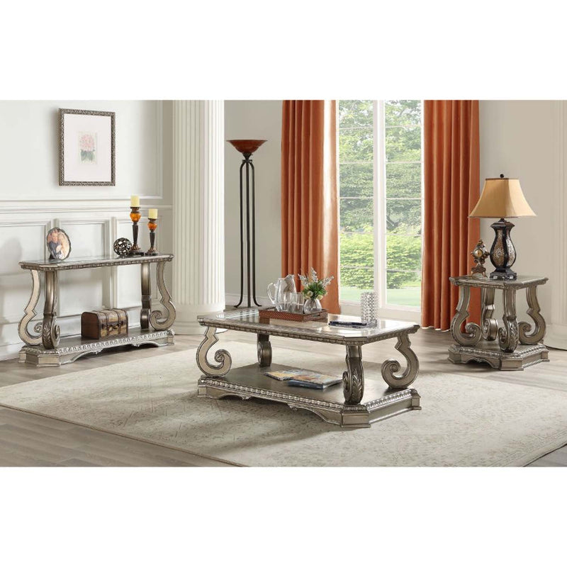 Northville Rectangular Coffee Table , Clear Glass & Antique Silver Finish Acme