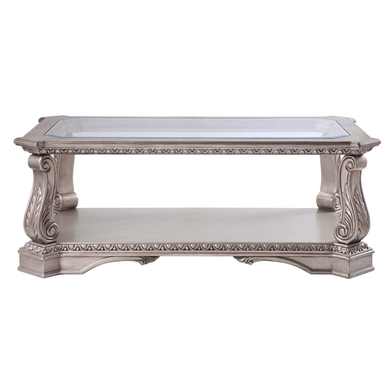 Northville Rectangular Coffee Table , Clear Glass & Antique Silver Finish Acme