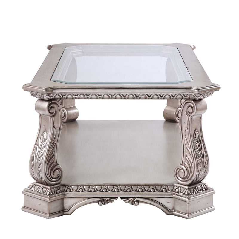Northville Rectangular Coffee Table , Clear Glass & Antique Silver Finish Acme
