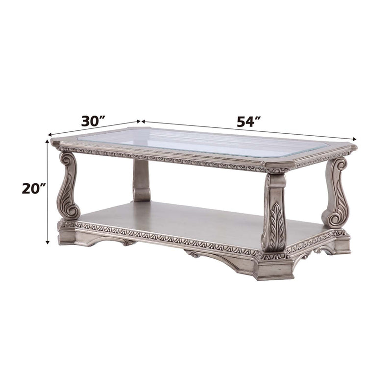 Northville Rectangular Coffee Table , Clear Glass & Antique Silver Finish Acme