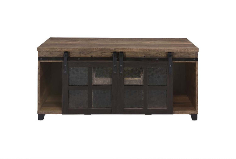 Nineel Rectangular Coffee Table , Obscure Glass, Rustic Oak & Black Finish Acme
