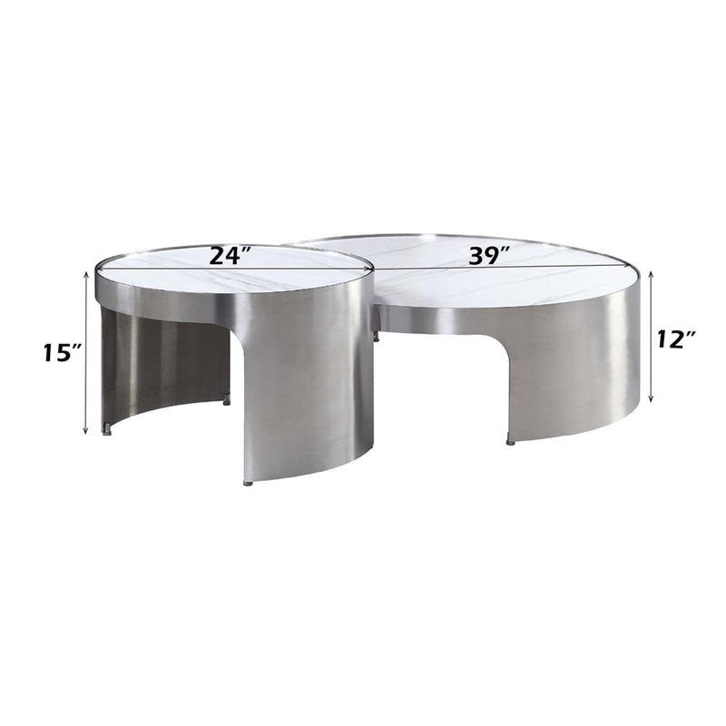 Abilene 2PC Nesting Coffee Table Set , Marble Top & Brush Silver Finish Acme