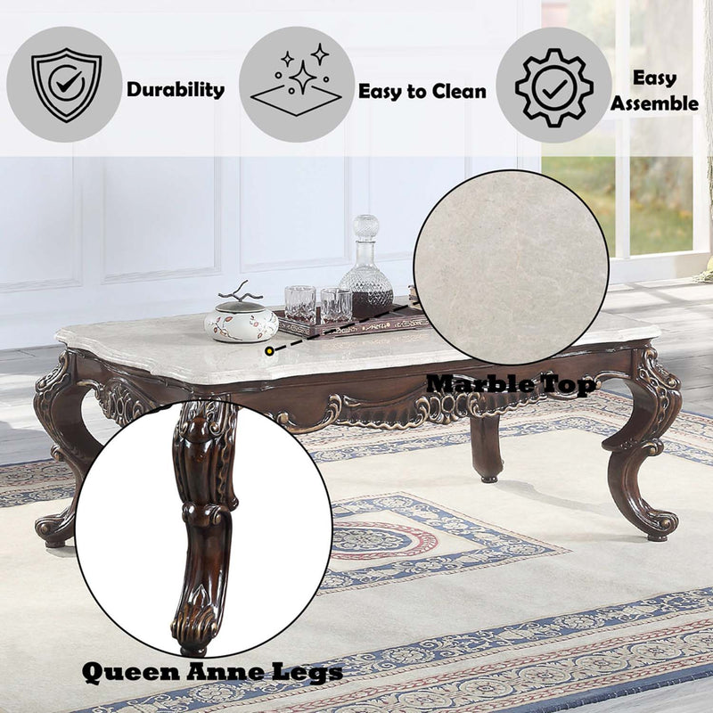 Benbek Rectangular Coffee Table , Marble & Antique Oak Finish Acme