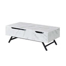 Throm Rectangular Coffee Table w/Lift Top  , White Faux Marble Grain Finish Acme