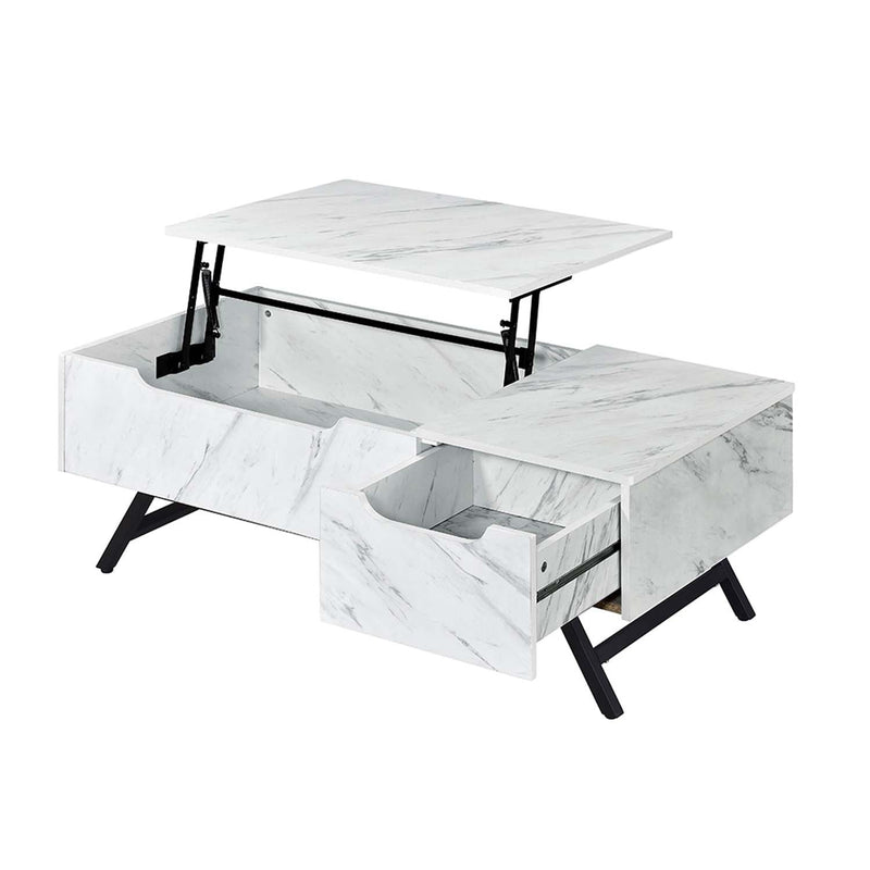Throm Rectangular Coffee Table w/Lift Top  , White Faux Marble Grain Finish Acme