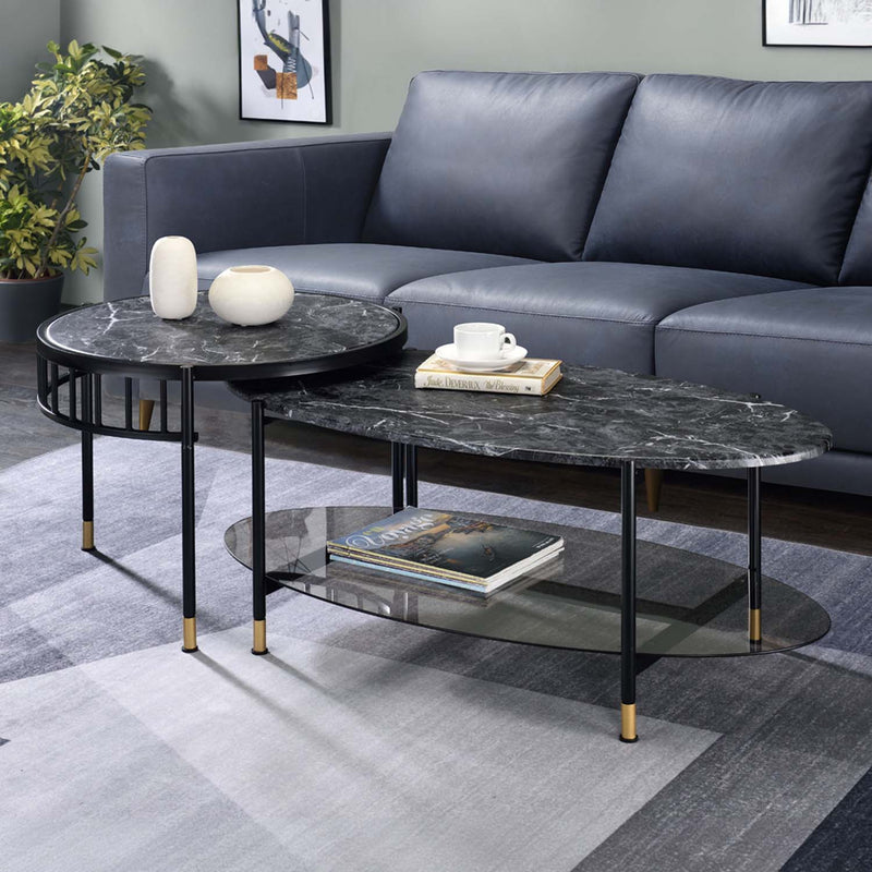 Silas 2PC Nesting Coffee Table Set , Faux Marble Top & Black Finish Acme