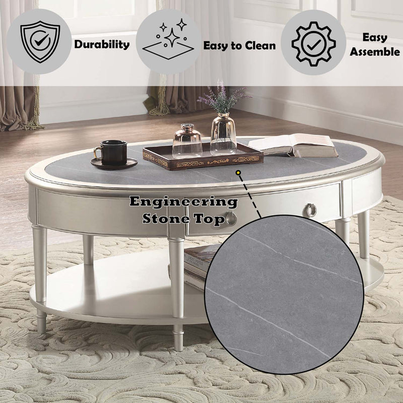 Kasa Oval Coffee Table, Sintered Stone Top & Champagne Finish Acme