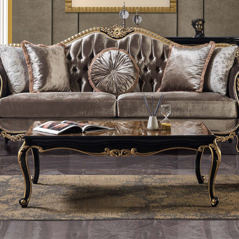 Betria Rectangular Coffee Table , Engineered Stone Top, Gold & Black Finish Acme
