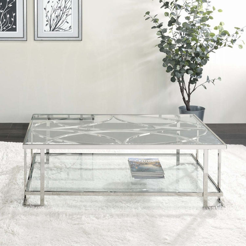 Kalan Rectangular Coffee Table , Glass & Silver Finish Acme