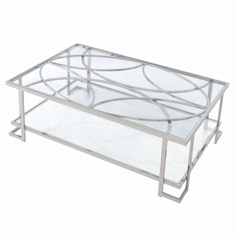 Kalan Rectangular Coffee Table , Glass & Silver Finish Acme
